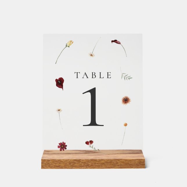 Elegante Fall Wildblume Hochzeit Tischnummer Acrylschild (Vorderseite)