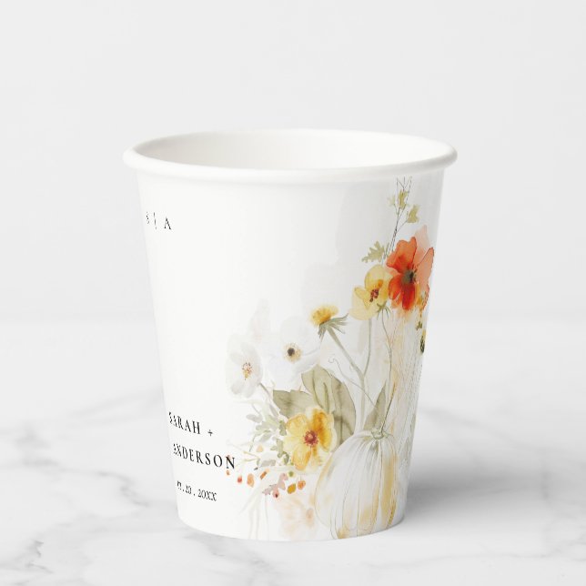 Elegante Fall Wildblume Pumpkin Wasserfarbenhochze Pappbecher (Vorderseite)