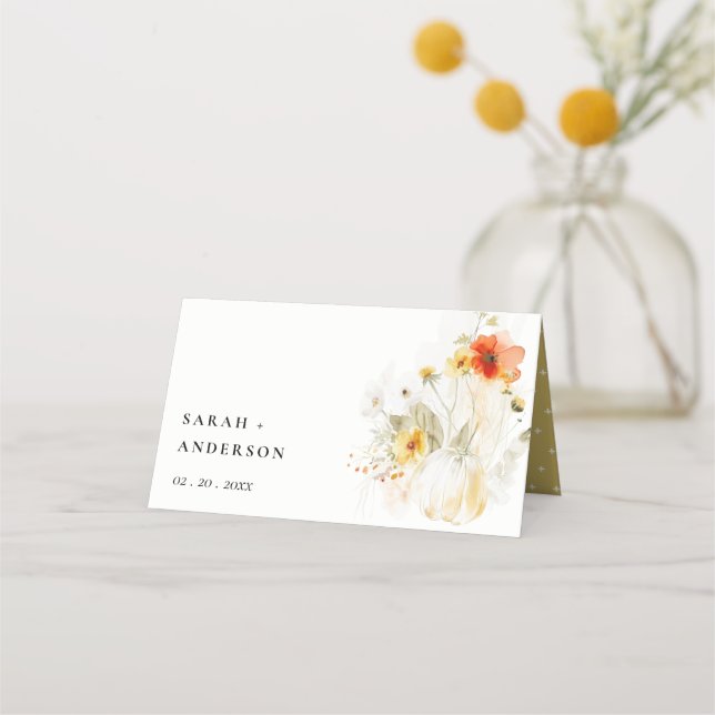 Elegante Fall Wildblume Pumpkin Wasserfarbenhochze Platzkarte (Vorderseite)