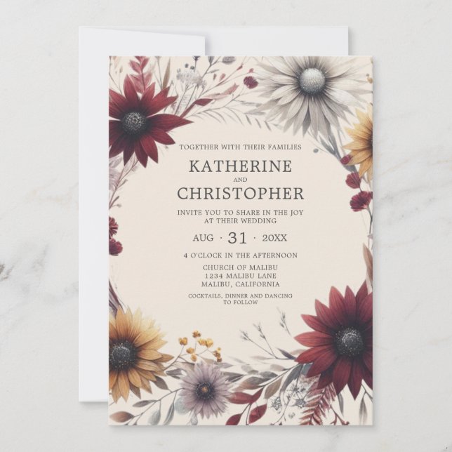 Elegante Fall Wildblumen Burgundy Wedding Einladung (Vorderseite)