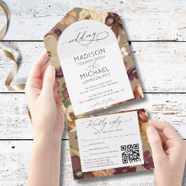 Elegante Fall Wildblumen Floral QR Foto Hochzeit All In One Einladung