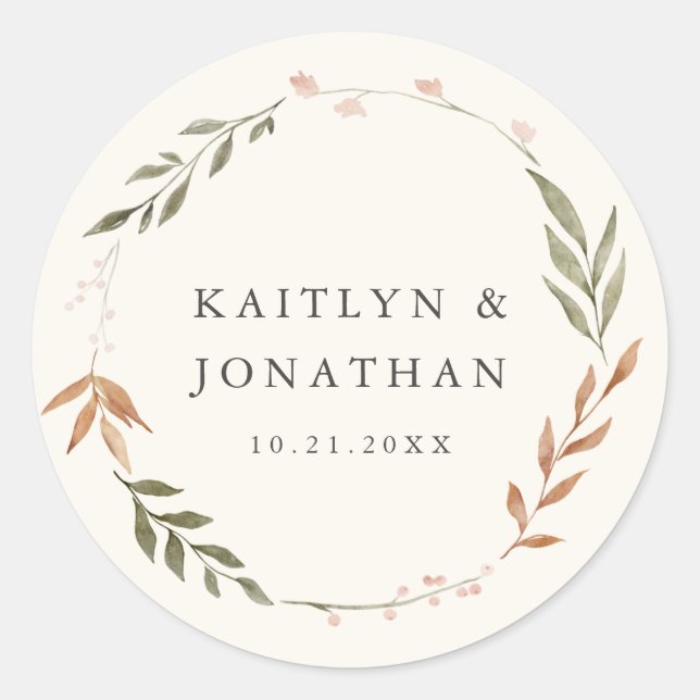 Elegante Fall Wreath Floral Wedding Runder Aufkleber (Vorderseite)