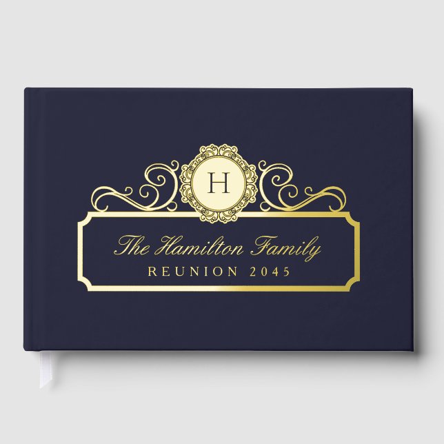 Elegante Familie Reunion Gold Monogram Navy Blue Gästebuch (Vorderseite)