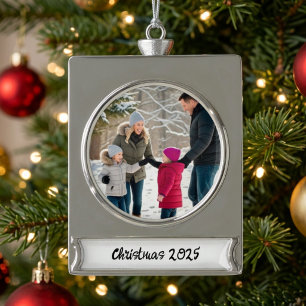 Elegante Familienfoto-Feier personalisieren Banner-Ornament Silber