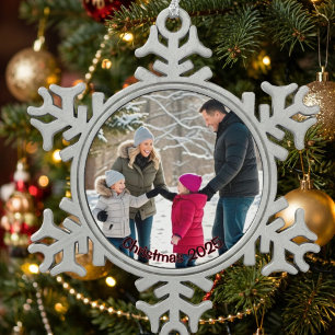 Elegante Familienfoto-Feier personalisieren Schneeflocken Zinn-Ornament