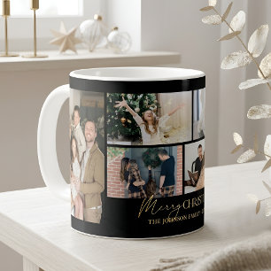 Elegante Familienfotocollage Schwarz Gold Weihnach Kaffeetasse