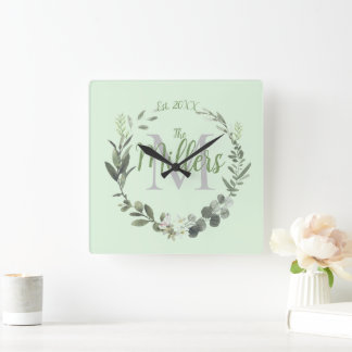 Elegante Familienname Monogramm Laub Uhrenrund Quadratische Wanduhr