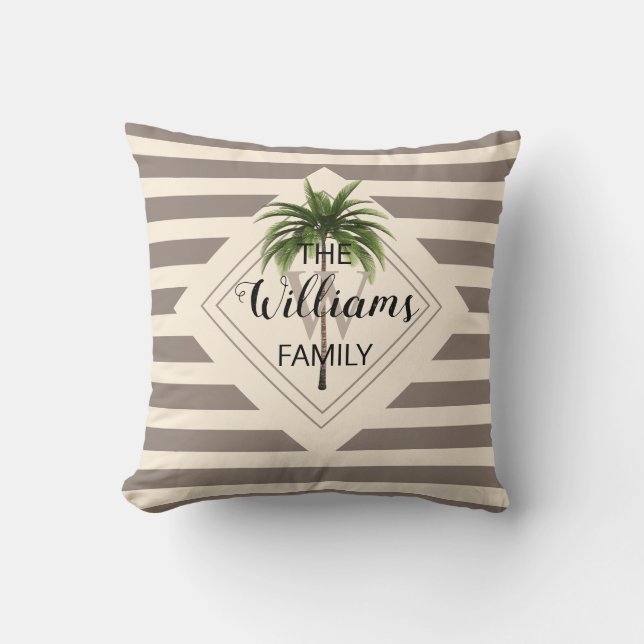 Elegante Familienname-tropische Palme-Beige Kissen (Vorderseite)