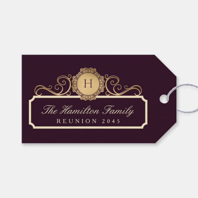 Elegante Family Wiedersehen Gold Monogram Burgundy Geschenkanhänger (Vorderseite (Horizontal))