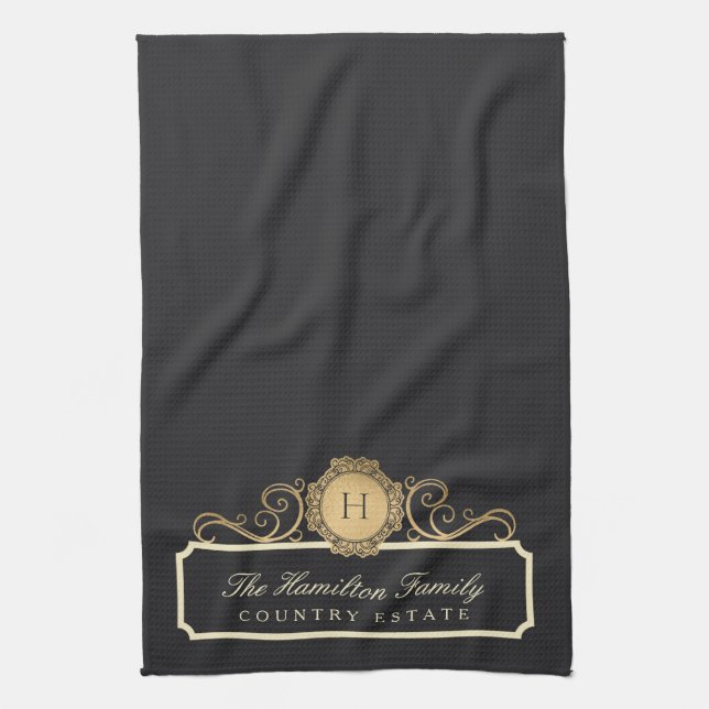 Elegante Family Zuhause Monogram Charcoal Kitchen Geschirrtuch (Vertikal)