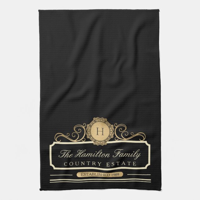 Elegante Family Zuhause Monogram Gold Black Kitche Geschirrtuch (Vertikal)