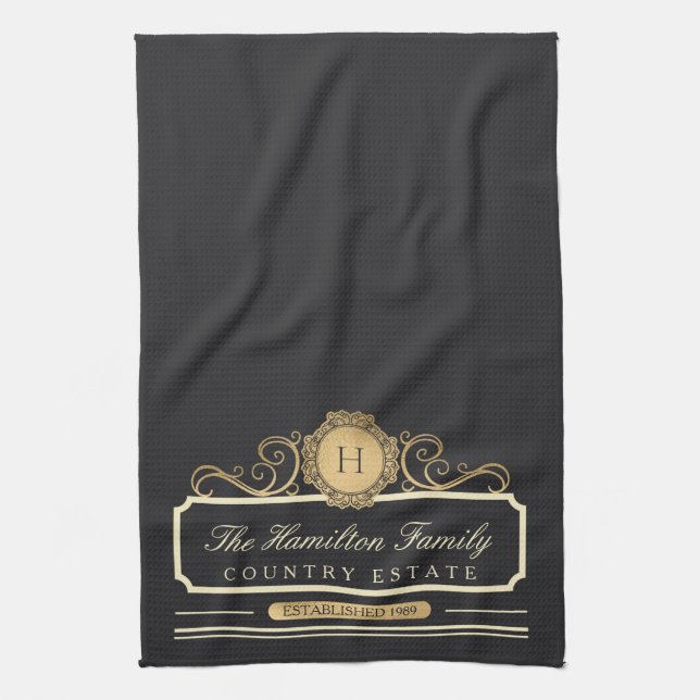 Elegante Family Zuhause Monogram Gold Kohle Küche Geschirrtuch (Vertikal)
