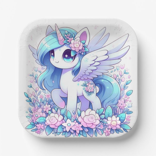 Elegante Fantasy Unicorn Kinderdusche Pappteller (Vorderseite)