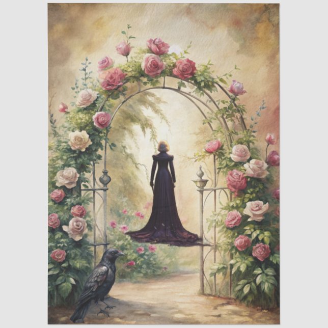 Elegante Fantasy Woman & Raven French Florals Seidenpapier (Vorderseite)