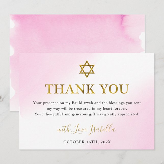 Elegante Farbe Pastel Pink Gold Bat Mitzvah Dankeskarte (Vorne/Hinten)