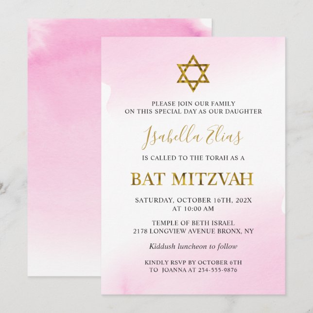 Elegante Farbe Pastel Pink Gold Bat Mitzvah Einladung (Vorne/Hinten)