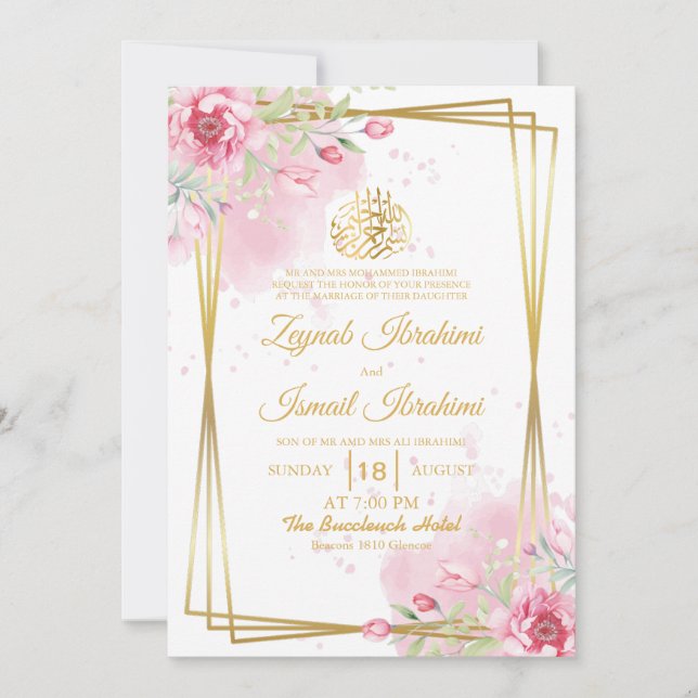 Elegante Farbe Rosa florale islamische Hochzeit Einladung (Vorderseite)