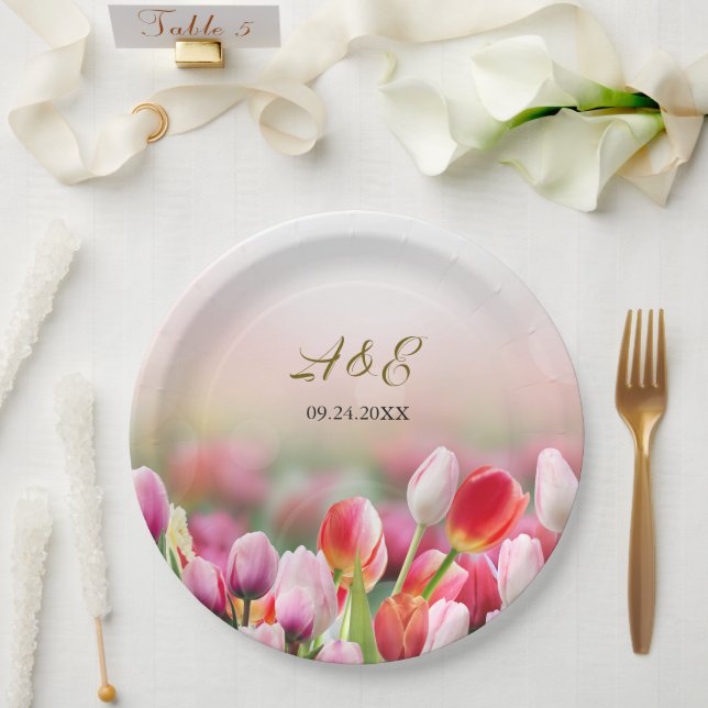 Elegante Farben Tulip Florals Hochzeit Pappteller (Hochzeit)