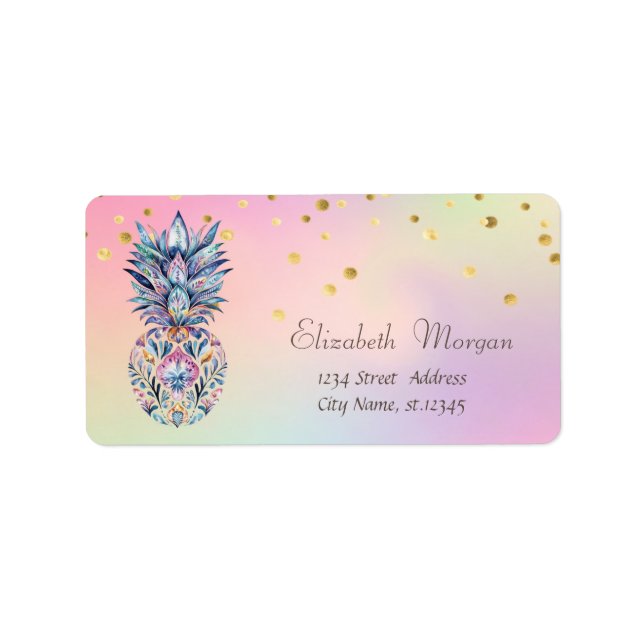 Elegante farbenfrohe Ananas Confetti Holographic Adressaufkleber (Vorne)