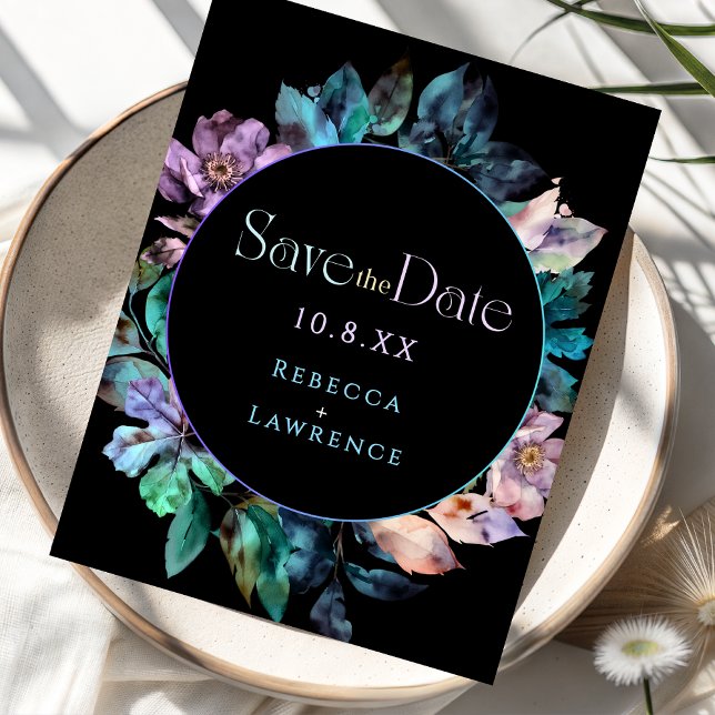 Elegante farbenfrohe Blumen schwarze Hochzeit Save The Date (Von Creator hochgeladen)