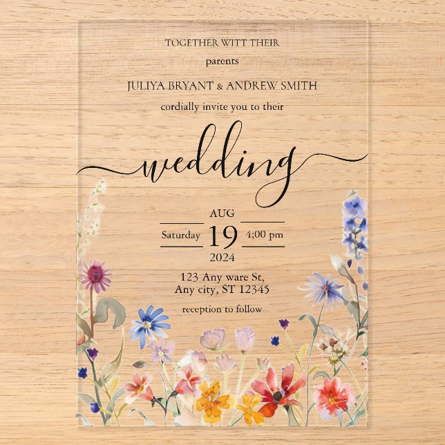Elegante farbenfrohe Hochzeit der Wildblume Acryleinladungen (Vorderseite)