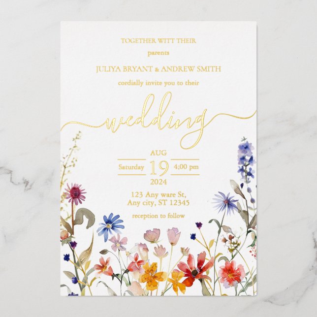 Elegante farbenfrohe Hochzeit der Wildblume Folieneinladung (Vorderseite)