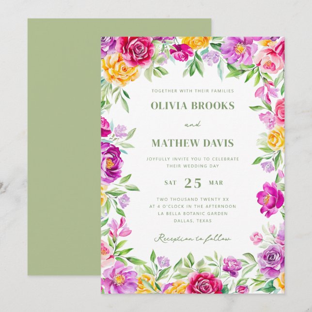 Elegante, farbenfrohe Hochzeit mit floralen Wasser Einladung (Vorne/Hinten)