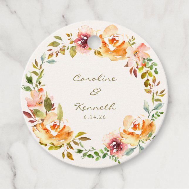 Elegante farbenfrohe Hochzeit mit floralen Wasserf Geschenkanhänger (Vorderseite)