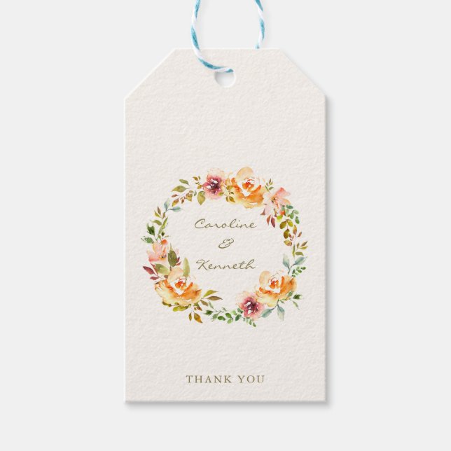 Elegante farbenfrohe Hochzeit mit floralen Wasserf Geschenkanhänger (Vorderseite)