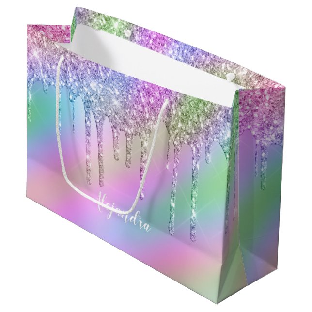 Elegante, farbenfrohe holografische Glitzer-Tropfe Große Geschenktüte (Vorderseite Schrägansicht)