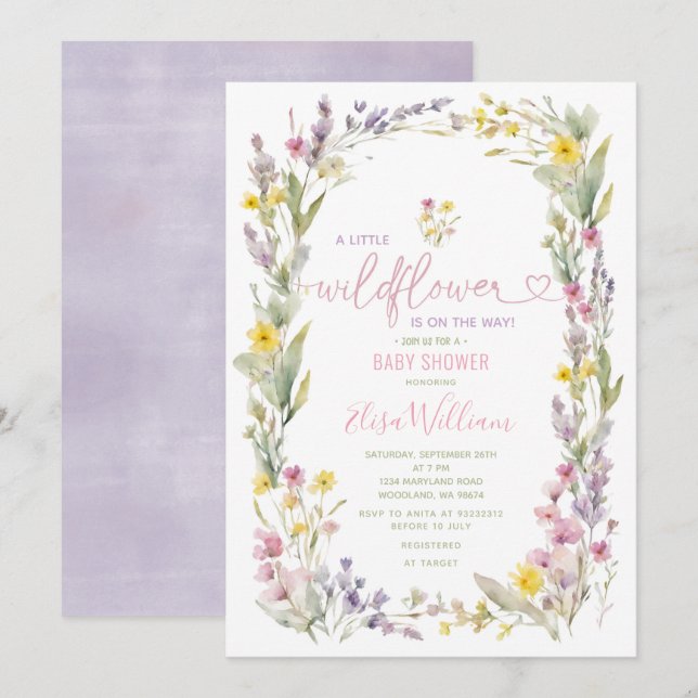 Elegante, farbenfrohe kleine Wildblume Babydusche Einladung (Vorne/Hinten)