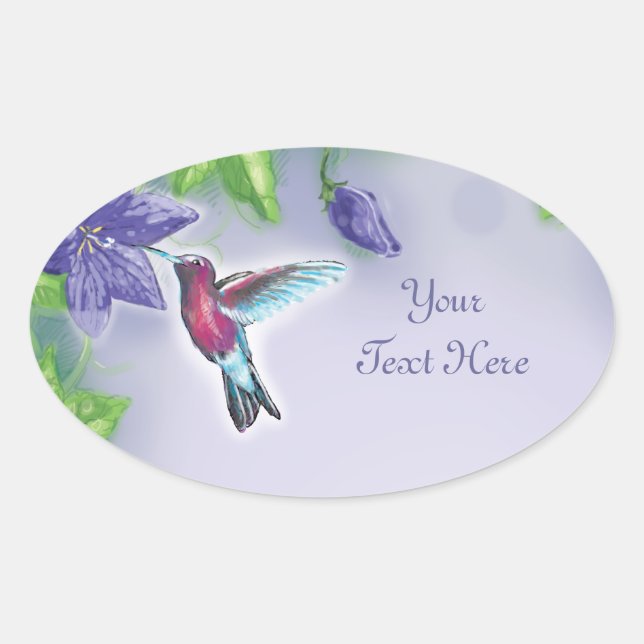 elegante farbenfrohe Kolibri und violette Blumen Ovaler Aufkleber (Vorderseite)