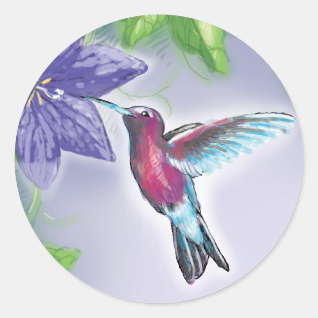 elegante farbenfrohe Kolibri und violette Blumen Runder Aufkleber (Vorderseite)