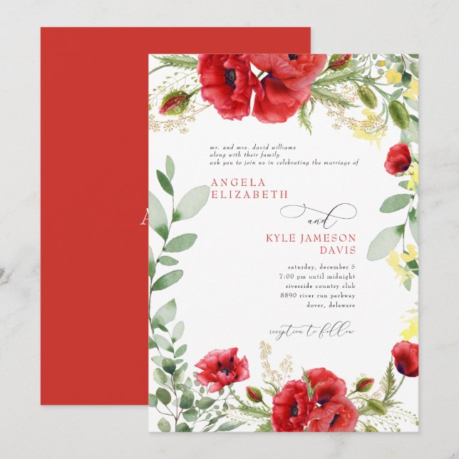 Elegante farbenfrohe Rote Poppies Hochzeit Einladung (Vorne/Hinten)