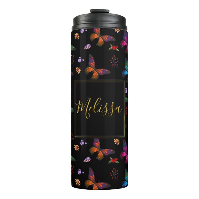 Elegante farbenfrohe Schmetterlinge auf der schwar Thermosbecher (Vorderseite)