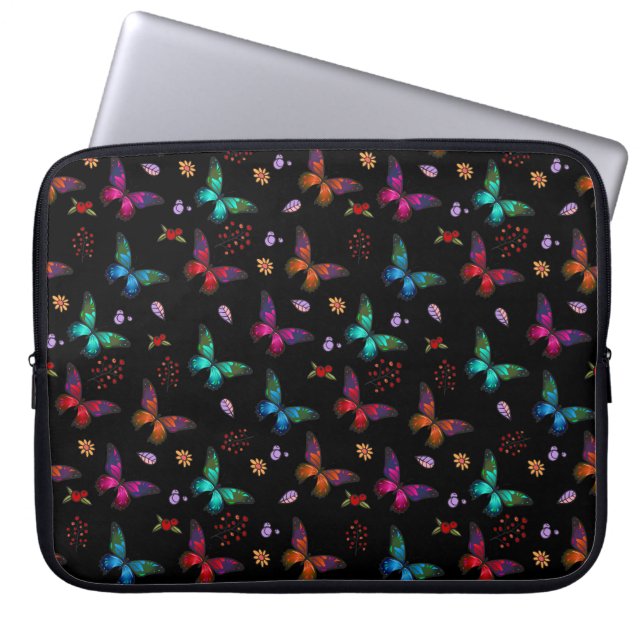Elegante farbenfrohe Schmetterlinge auf schwarz Laptopschutzhülle (Vorderseite)