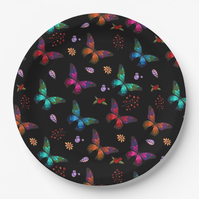 Elegante farbenfrohe Schmetterlinge auf schwarz Pappteller (Vorderseite)