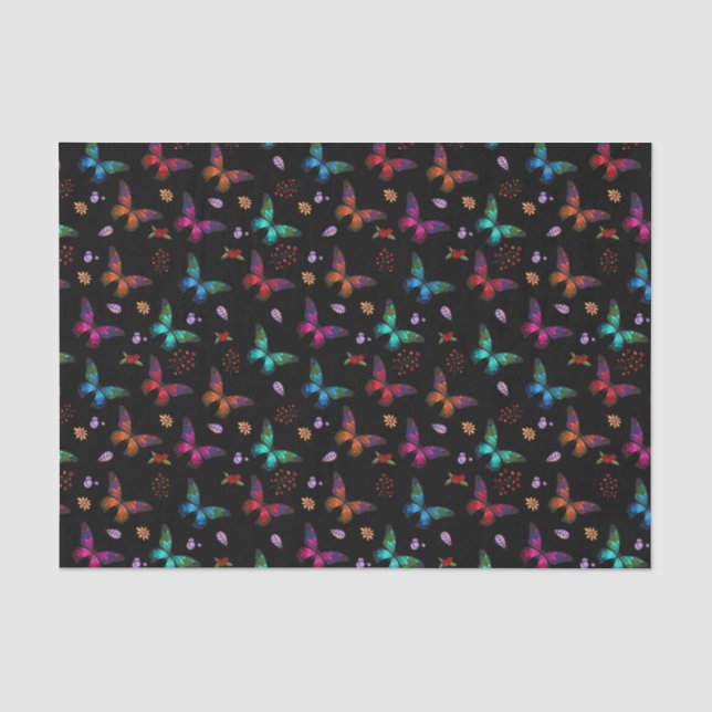 Elegante farbenfrohe Schmetterlinge auf schwarz Seidenpapier (Vorderseite)