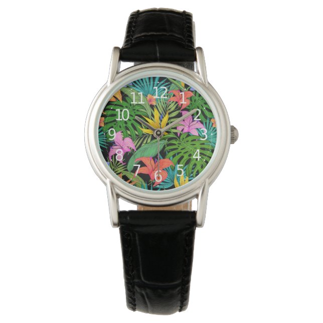 Elegante farbenfrohe Sommer-Tropical Floral Blätte Armbanduhr (Vorderseite)