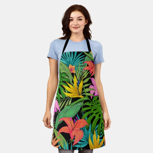 Elegante farbenfrohe Sommer-Tropical Floral Blätte Schürze (Getragen)