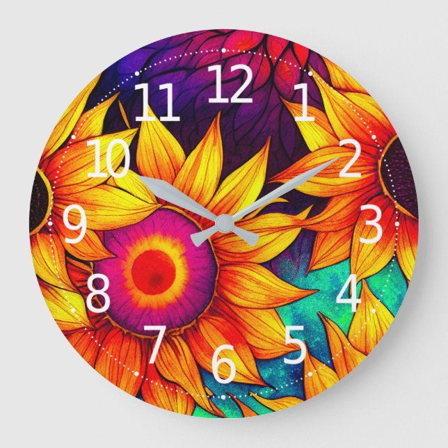 Elegante Farbenfrohe Sonnenblumen Blume Power | Große Wanduhr (Vorderseite)