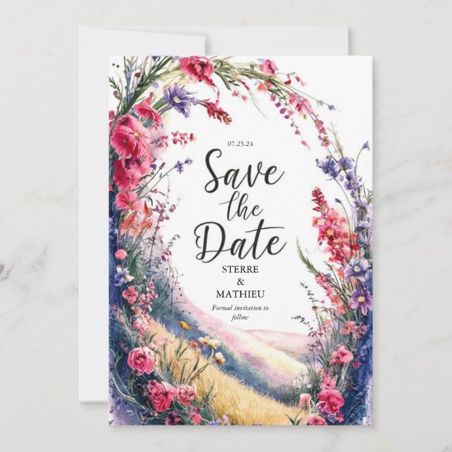 Elegante farbenfrohe Wildblume Hochzeit Save The Date (Vorderseite)