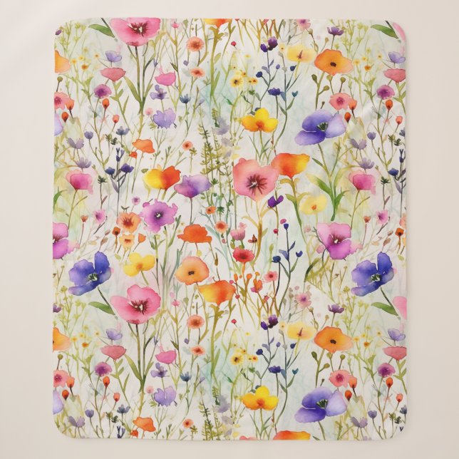 Elegante farbenfrohe Wildblumen Aquarell Sherpadecke (Vorderseite)