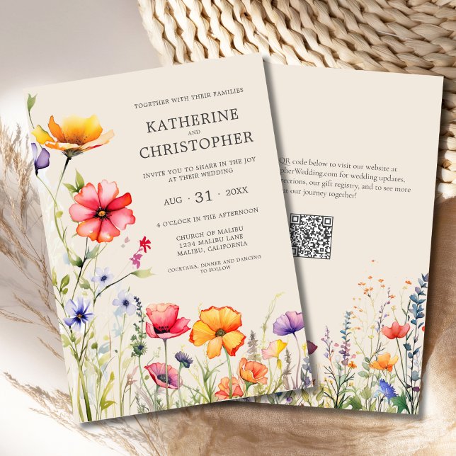 Elegante farbenfrohe Wildblumen Beige Hochzeit Einladung (Elegant Colorful Wildflowers Wedding Invitation with orange, red, purple flowers, qr code.)