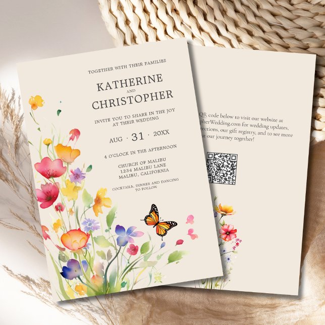 Elegante farbenfrohe Wildblumen Beige Hochzeit Einladung (Colorful Watercolor Wildflowers Elegant Wedding Invitation with orange, red, purple flowers, QR code)
