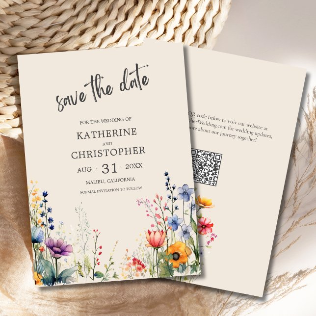 Elegante farbenfrohe Wildblumen Beige Hochzeit Save The Date (Colorful Wildflowers Elegant Beige Wedding Save the Date with purple, orange, red flowers, qr code.
)