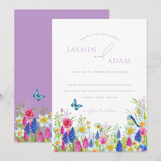 Elegante farbenfrohe Wildblumen Butterflies Hochze Einladung (Vorne/Hinten)