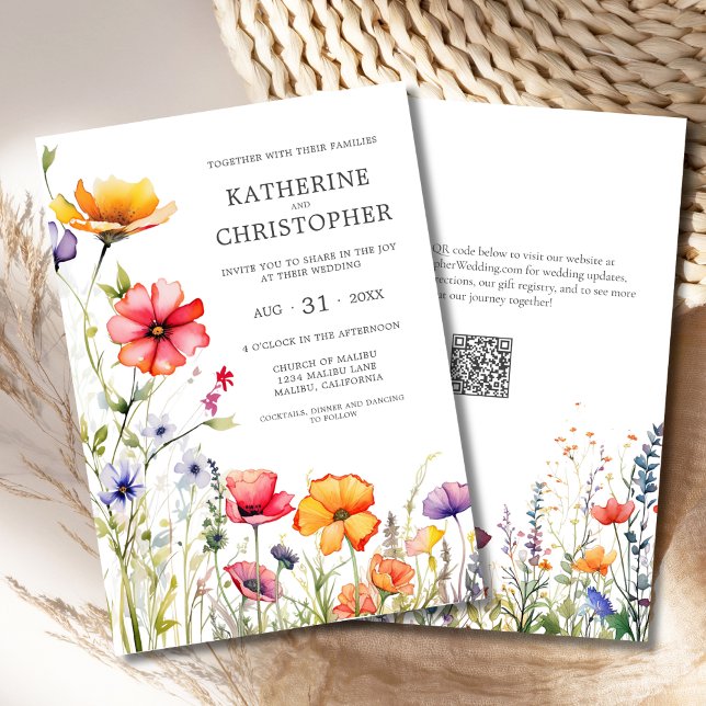 Elegante farbenfrohe Wildblumen Hochzeit Einladung (Elegant Colorful Wildflowers Wedding Invitation with QR Code, Pink, Orange, Purple Flowers.
)