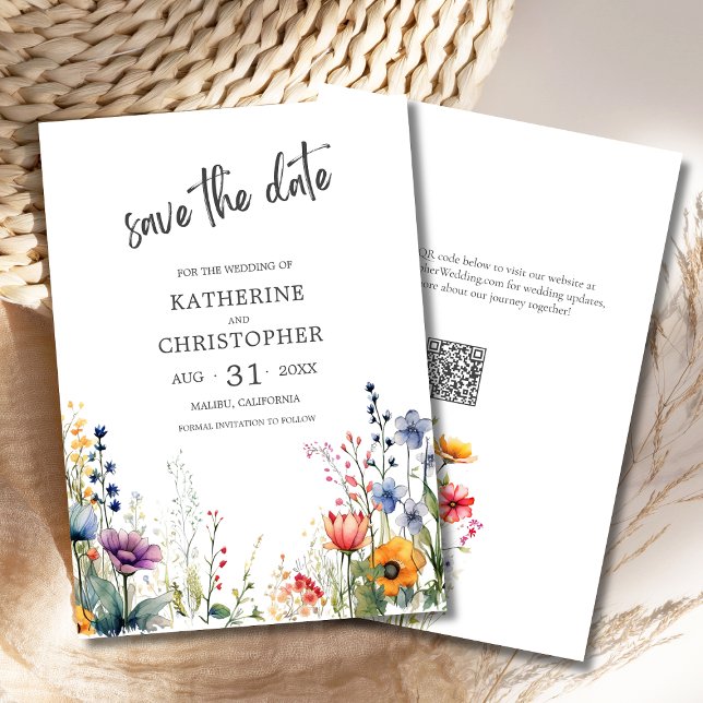 Elegante farbenfrohe Wildblumen Hochzeit Save The Date (Elegant Colorful Watercolor Wildflowers Wedding Save the Date with QR Code, orange, pink, purple)