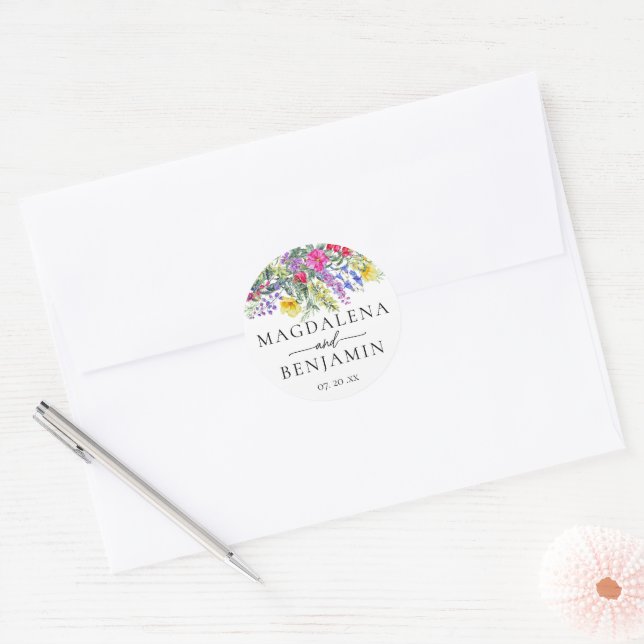 Elegante farbenfrohe Wildblumen Kräuter Hochzeiten Runder Aufkleber (Umschlag)